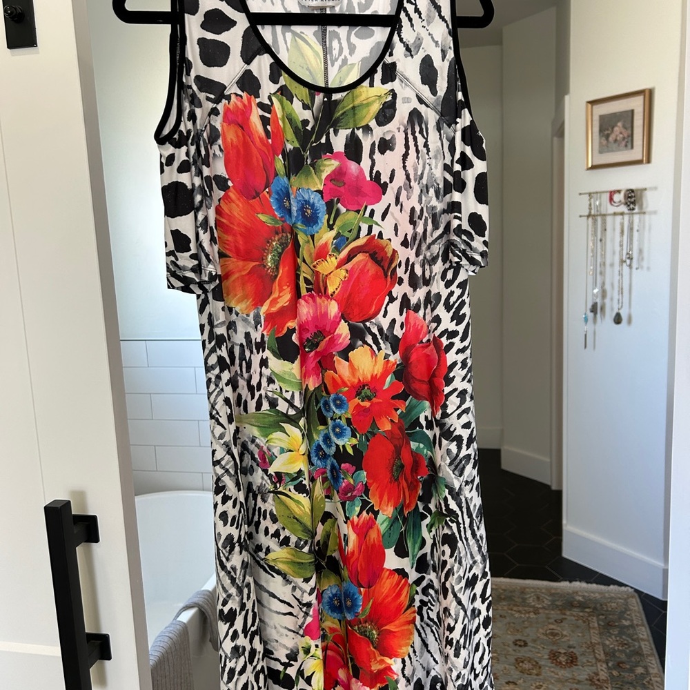 Peter Nygard Black & Red Floral Cold-Shoulder Midi Dress